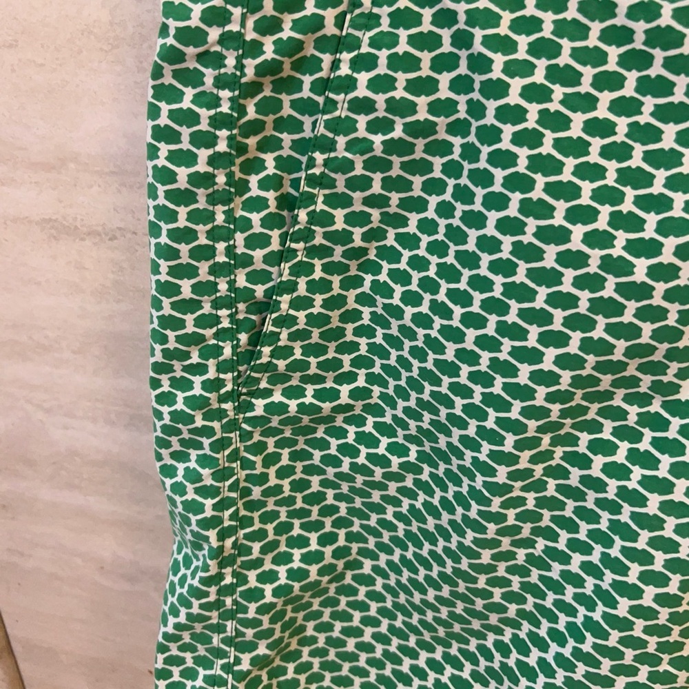 J.Crew Men's Swim Trunks in a green and white geometric print. - Picture 5 of 13